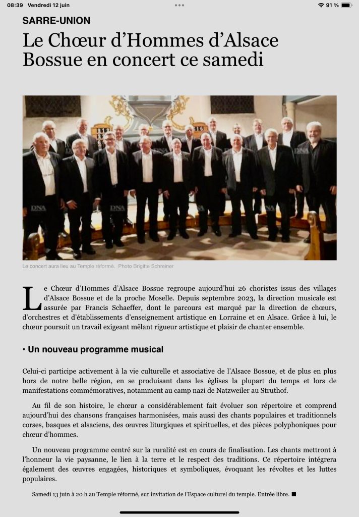 Article des DNA - concert de SARRE-UNION de ce samedi 13 juin à 20H au Temple réformé 1